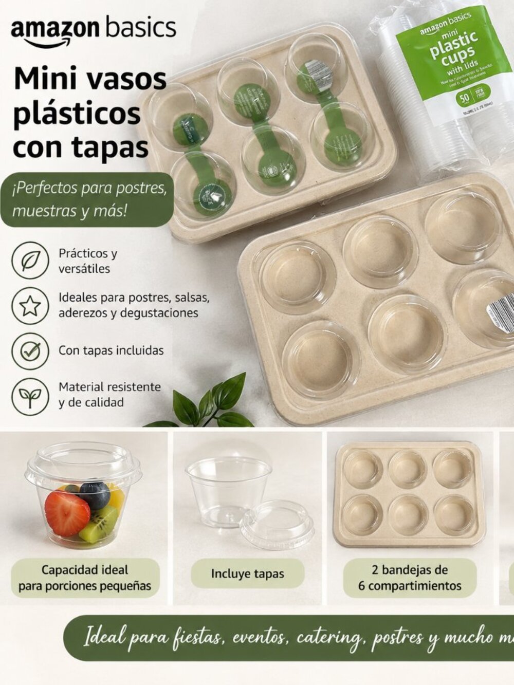 Mini vasos plásticos transparentes con tapas ,Set de 2 bandejas para horno